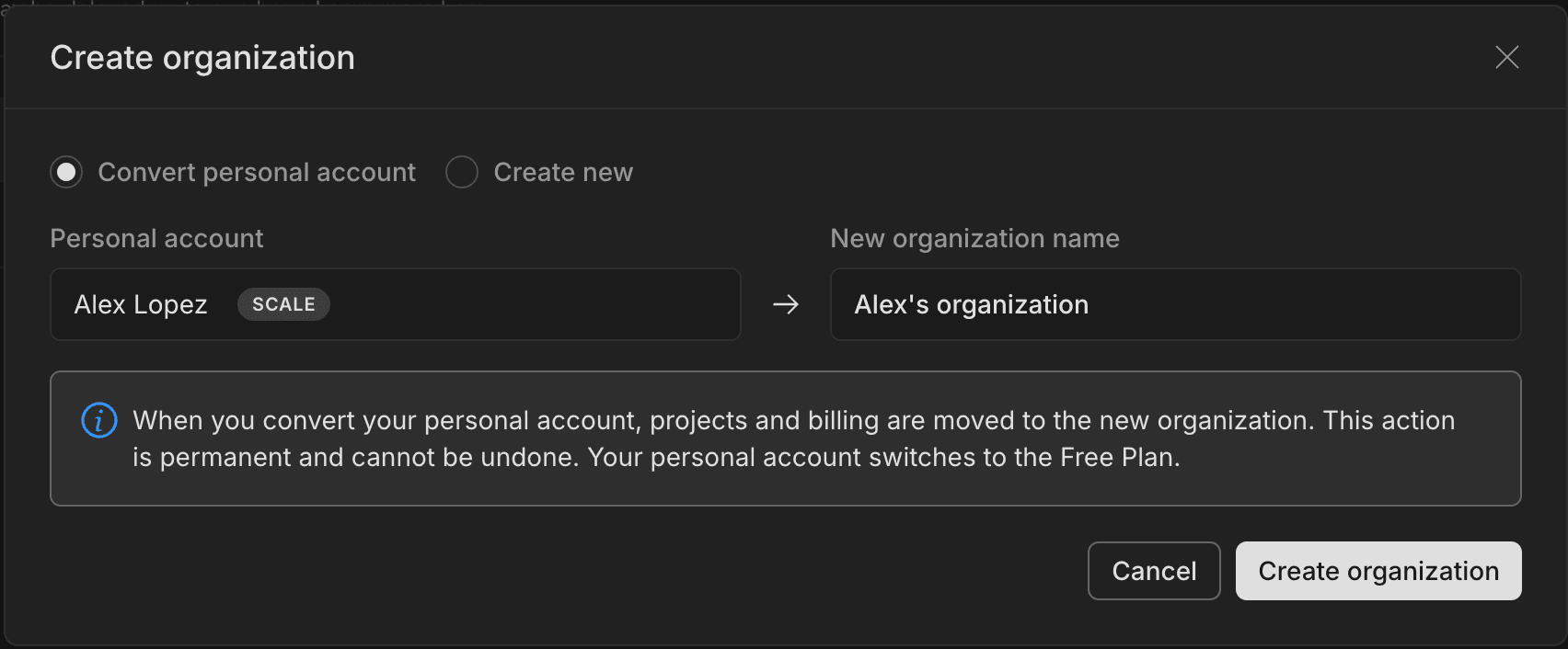 convert personal account to an organization